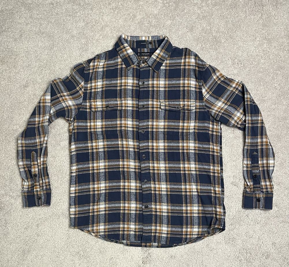 Lucky Brand Shirt Mens Large Blue Plaid Flannel Classic Fit